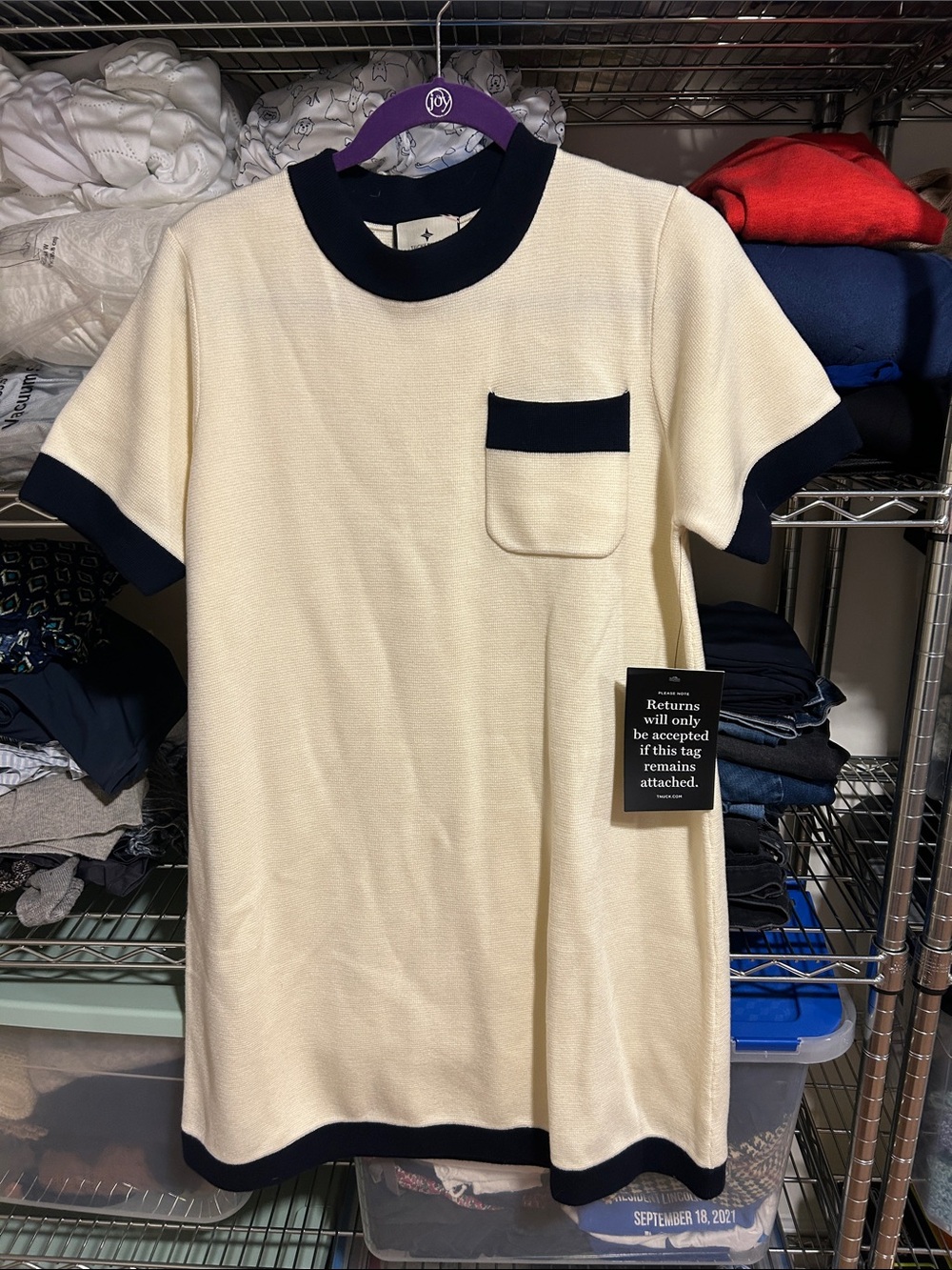 Tuckernuck Cream Knit A-Line Dress with Navy Trim - Picture 3 of 5